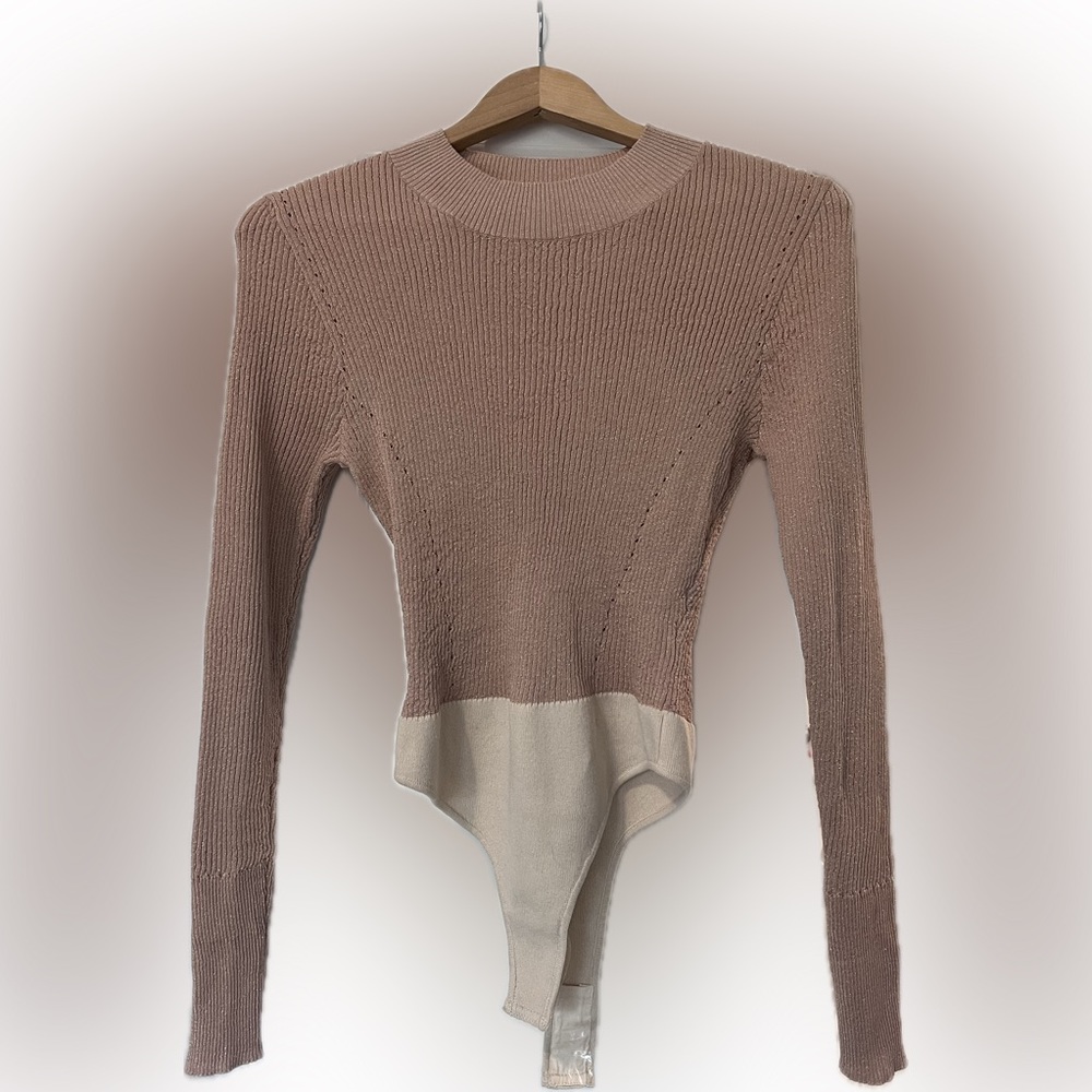 Free People Tan Nude Ribbed Shimmer Long Sleeve Bodysuit Sz M